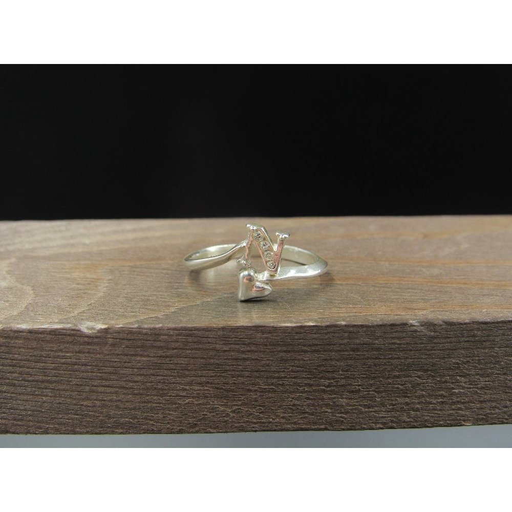 Size 8 Sterling Silver Letter N Heart Crystal Band Ring Vintage Statement